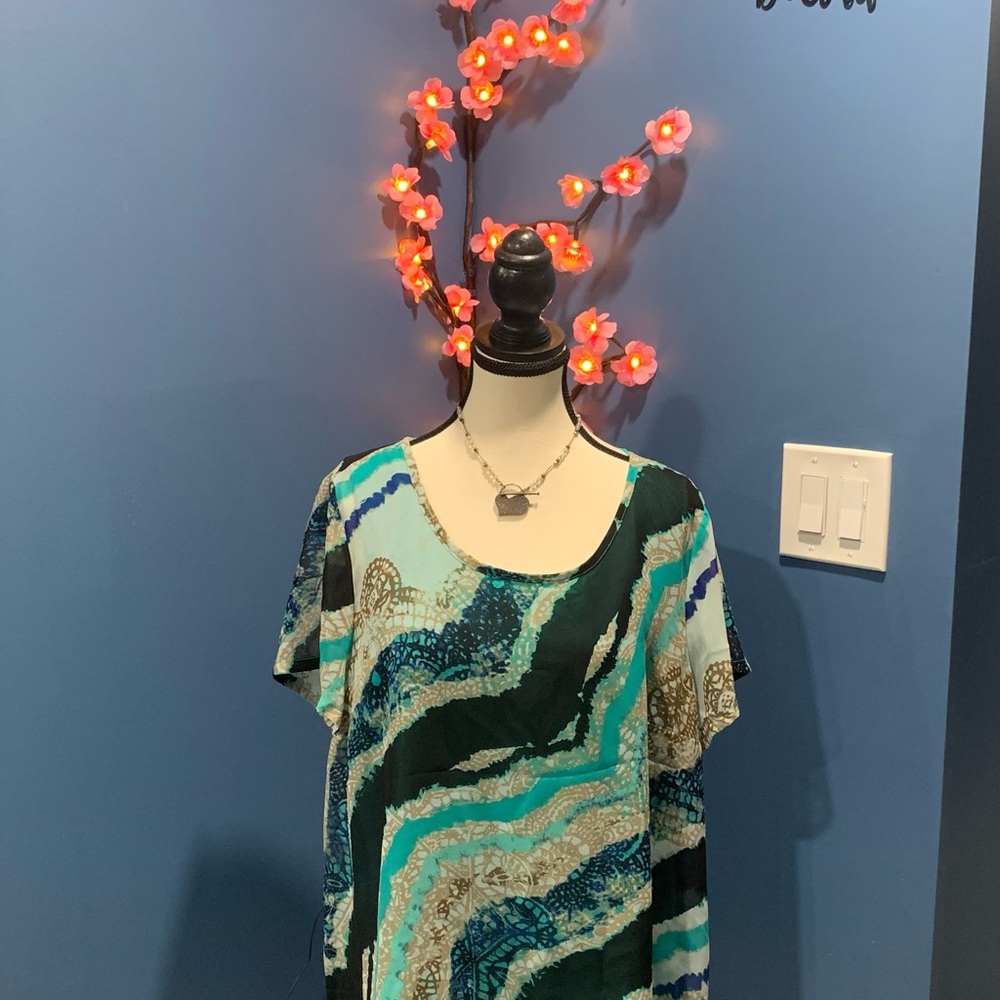 Dana Buchman Teal and Black Abstract 2 Layer Blouse